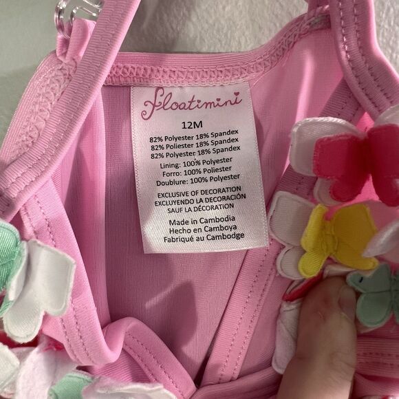 Floatimini Girls One Piece Swimsuit, Pink With Butterflies And Tutu, Size 12-18M - Picture 3 of 4
